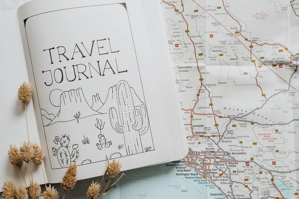 A solo traveler journaling their experiences in a notebook while sitting by a scenic view.